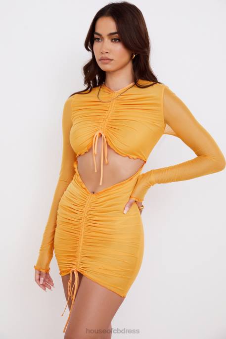 House of CB Jeanelle Orange Ruched Mesh Long Sleeve Cutout Mini Dress Clothing 4H6N533