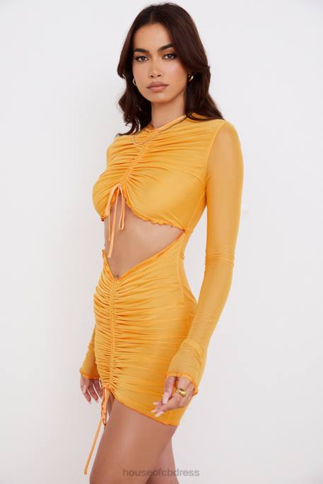 House of CB Jeanelle Orange Ruched Mesh Long Sleeve Cutout Mini Dress Clothing 4H6N533