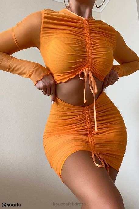 House of CB Jeanelle Orange Ruched Mesh Long Sleeve Cutout Mini Dress Clothing 4H6N533