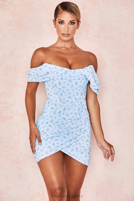 House of CB Luna Blue Floral Draped Corset Mini Dress Clothing 4H6N609