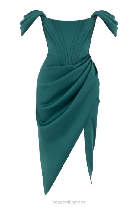 House of CB Loretta Emerald Green Satin Off Shoulder Dress Clothing 4H6N586