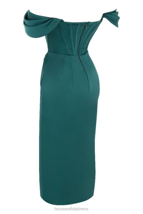 House of CB Loretta Emerald Green Satin Off Shoulder Dress Clothing 4H6N586