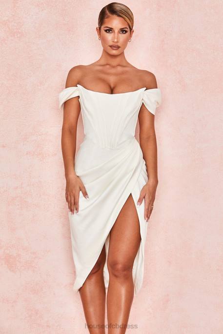 House of CB Loretta Ivory Satin Off Shoulder Dress Clothing 4H6N625