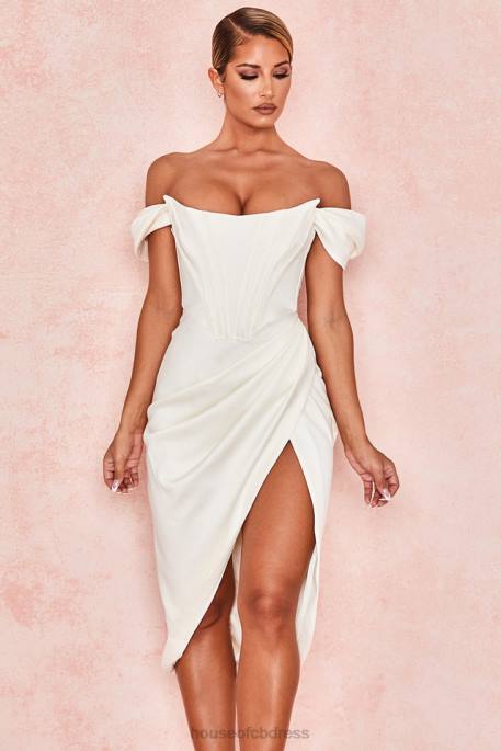 House of CB Loretta Ivory Satin Off Shoulder Dress Clothing 4H6N625