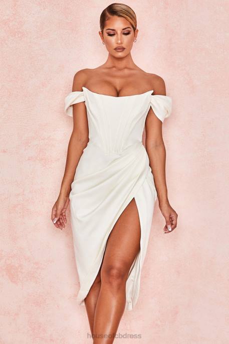 House of CB Loretta Ivory Satin Off Shoulder Dress Clothing 4H6N625