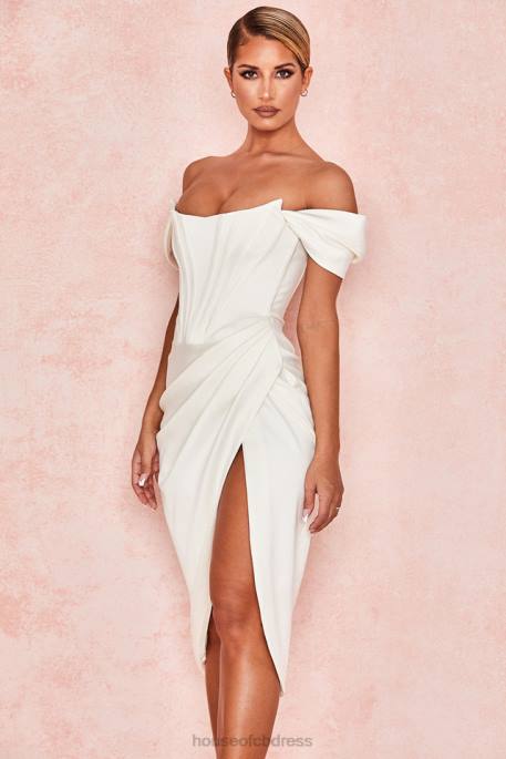 House of CB Loretta Ivory Satin Off Shoulder Dress Clothing 4H6N625