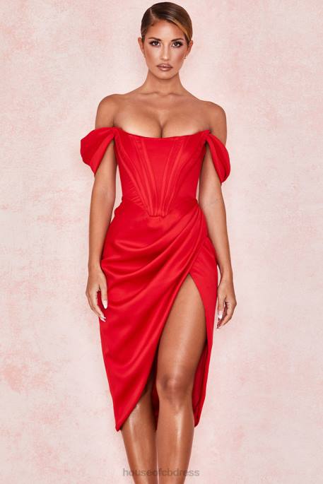 House of CB Loretta Red Satin Off Shoulder Dress Clothing 4H6N630