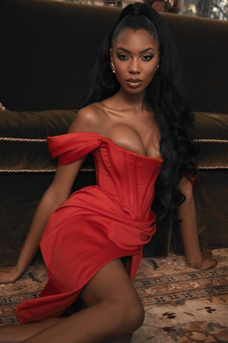 House of CB Loretta Red Satin Off Shoulder Dress Clothing 4H6N630