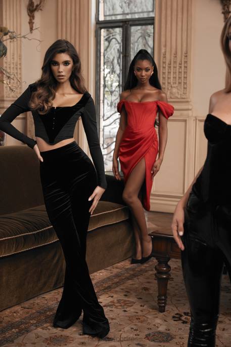 House of CB Loretta Red Satin Off Shoulder Dress Clothing 4H6N630