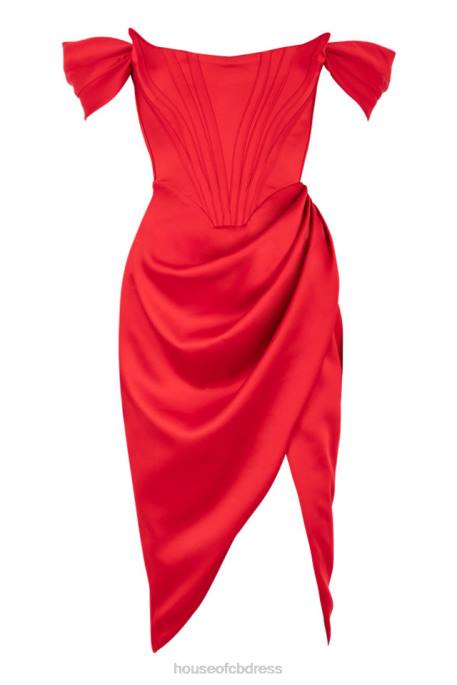 House of CB Loretta Red Satin Off Shoulder Dress Clothing 4H6N630