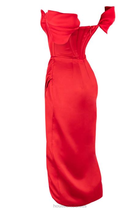 House of CB Loretta Red Satin Off Shoulder Dress Clothing 4H6N630