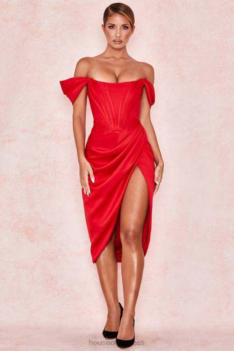 House of CB Loretta Red Satin Off Shoulder Dress Clothing 4H6N630