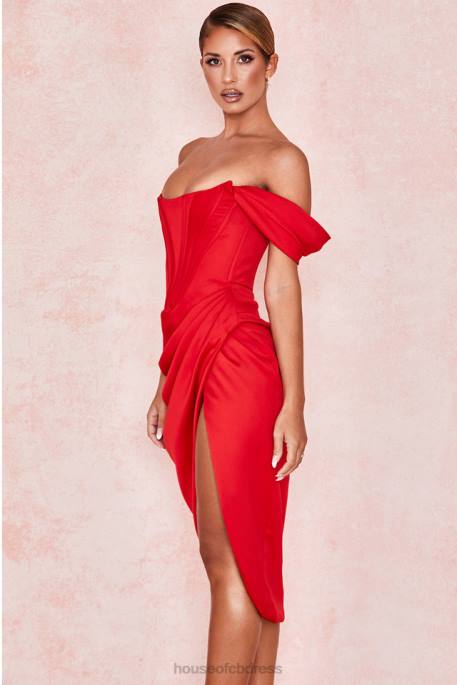 House of CB Loretta Red Satin Off Shoulder Dress Clothing 4H6N630