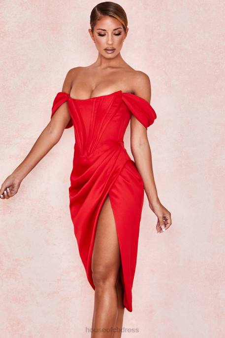House of CB Loretta Red Satin Off Shoulder Dress Clothing 4H6N630