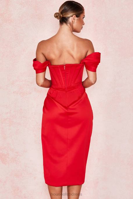 House of CB Loretta Red Satin Off Shoulder Dress Clothing 4H6N630
