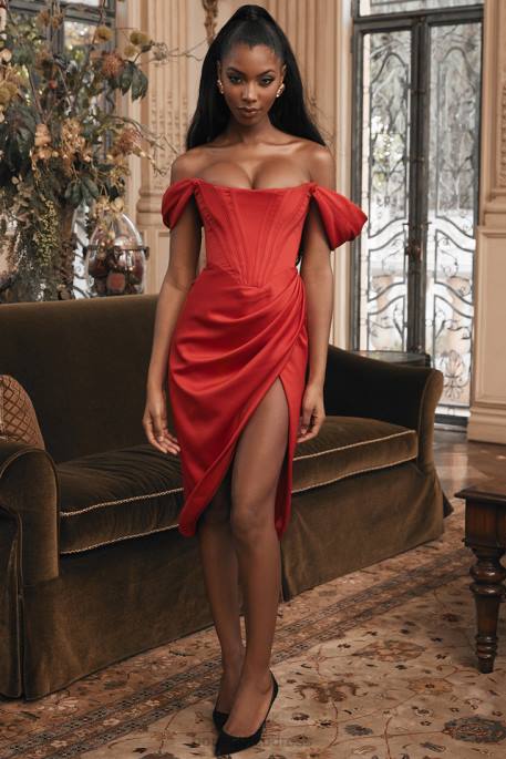 House of CB Loretta Red Satin Off Shoulder Dress Clothing 4H6N630