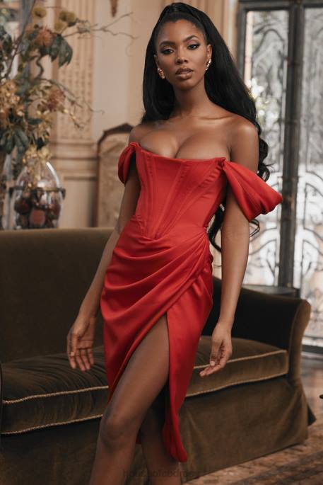 House of CB Loretta Red Satin Off Shoulder Dress Clothing 4H6N630
