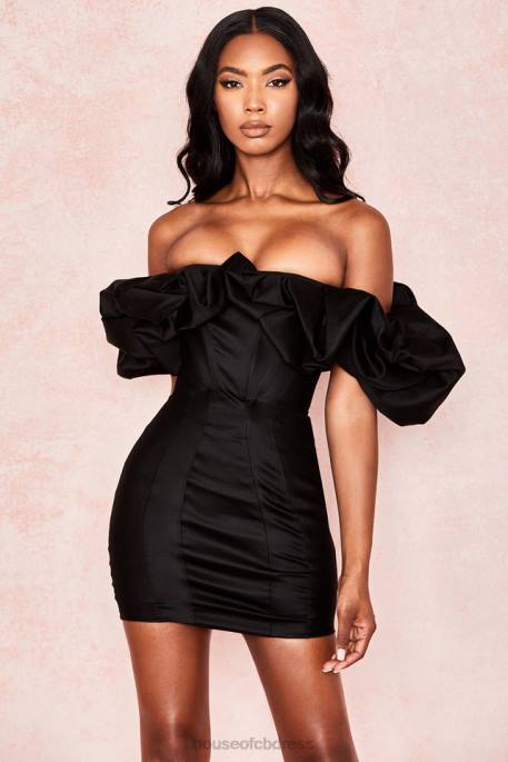 House of CB Selena Black Satin Puff Shoulder Dress Clothing 4H6N635