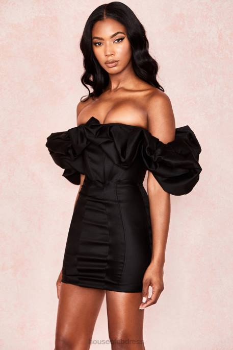 House of CB Selena Black Satin Puff Shoulder Dress Clothing 4H6N635
