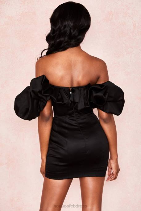 House of CB Selena Black Satin Puff Shoulder Dress Clothing 4H6N635