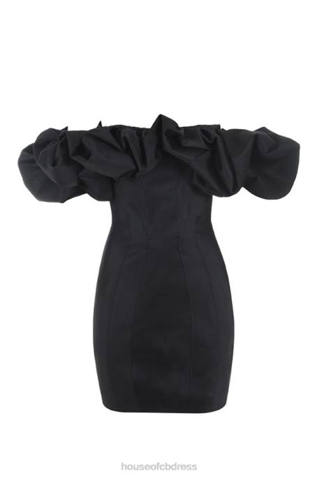House of CB Selena Black Satin Puff Shoulder Dress Clothing 4H6N635