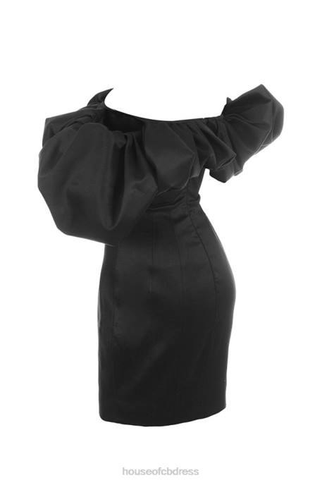House of CB Selena Black Satin Puff Shoulder Dress Clothing 4H6N635