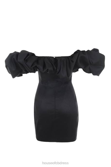 House of CB Selena Black Satin Puff Shoulder Dress Clothing 4H6N635