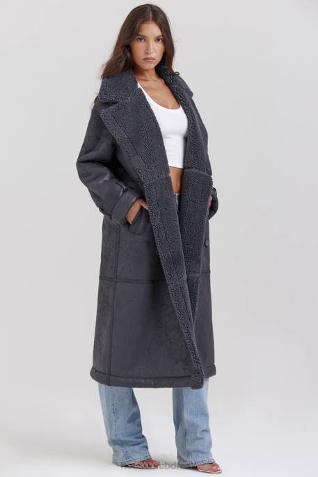 House of CB Deiji Grey Vegan Shearling Coat Clothing 4H6N1024