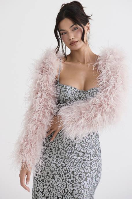 House of CB Ash Soft Pink Marabou Sleeve Jacket Clothing 4H6N1035