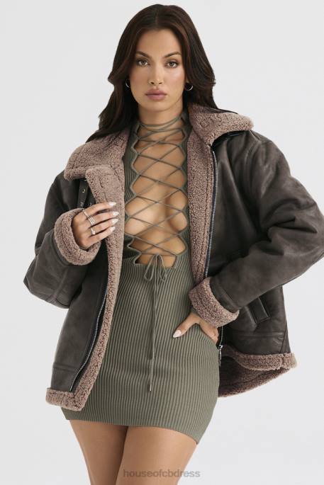 House of CB Madden Army Green Vegan Shearling Aviator Jacket Clothing 4H6N1038
