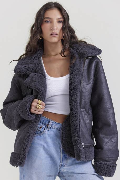 House of CB Madden Grey Vegan Shearling Aviator Jacket Clothing 4H6N1026