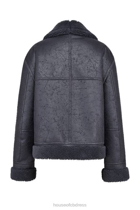 House of CB Madden Grey Vegan Shearling Aviator Jacket Clothing 4H6N1026