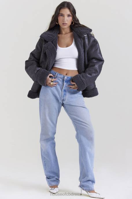 House of CB Madden Grey Vegan Shearling Aviator Jacket Clothing 4H6N1026