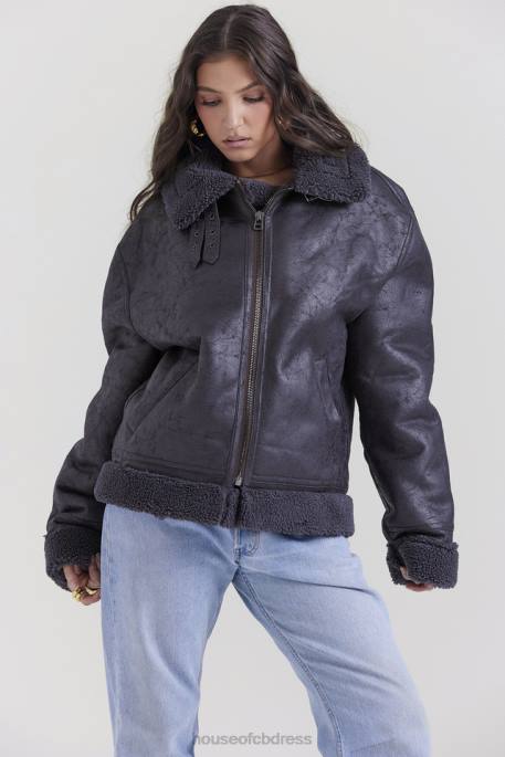 House of CB Madden Grey Vegan Shearling Aviator Jacket Clothing 4H6N1026