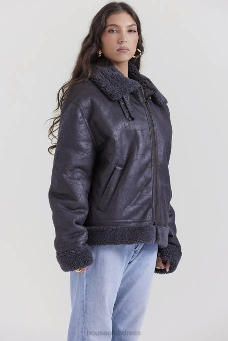 House of CB Madden Grey Vegan Shearling Aviator Jacket Clothing 4H6N1026
