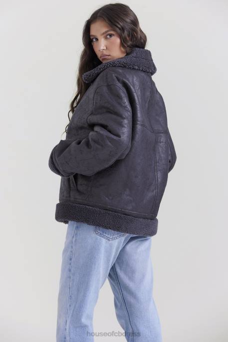 House of CB Madden Grey Vegan Shearling Aviator Jacket Clothing 4H6N1026