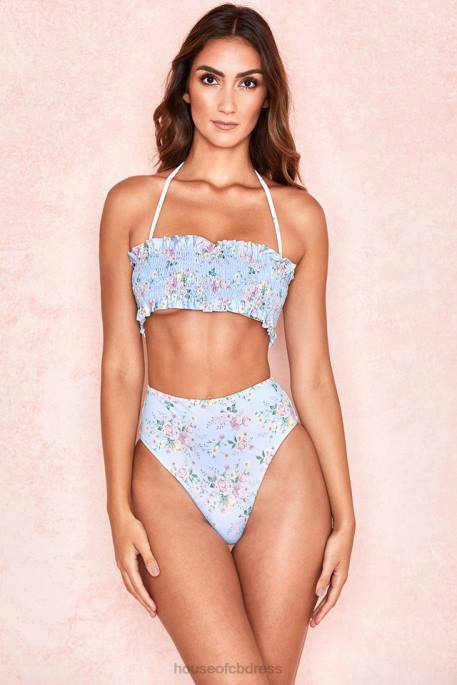House of CB Perdita Blue Floral Print Shirred Bikini Clothing 4H6N1246