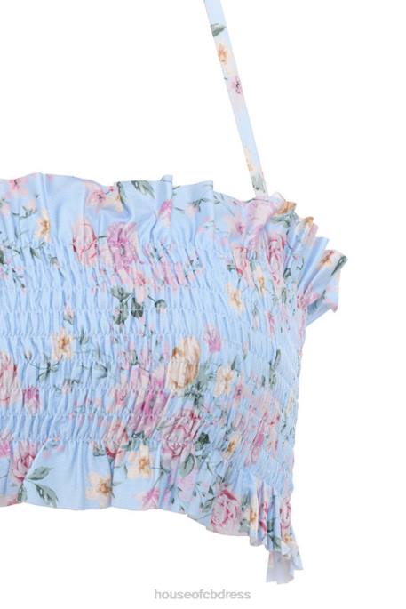 House of CB Perdita Blue Floral Print Shirred Bikini Clothing 4H6N1246
