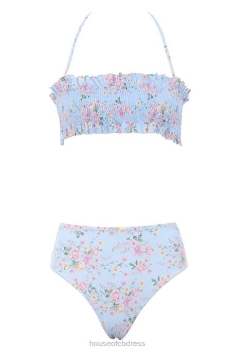 House of CB Perdita Blue Floral Print Shirred Bikini Clothing 4H6N1246