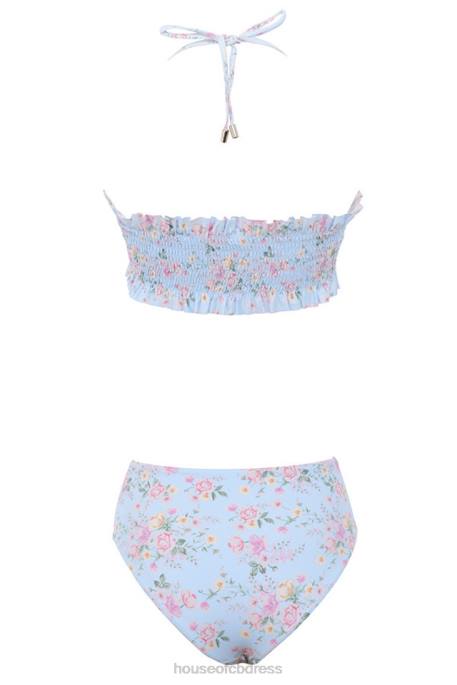 House of CB Perdita Blue Floral Print Shirred Bikini Clothing 4H6N1246
