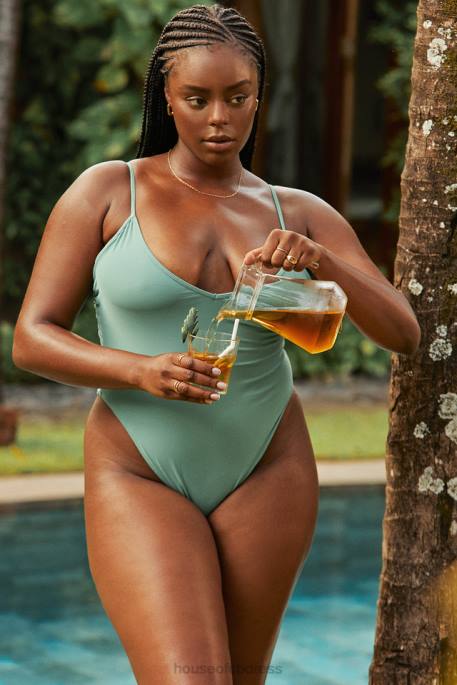 House of CB Rhodes Eucalyptus Plunge One Piece Swimsuit Clothing 4H6N1174