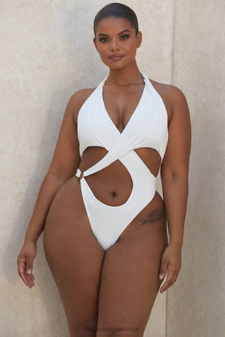 House of CB Savannah White Crossover Halter One Piece Swimsuit Clothing 4H6N1244