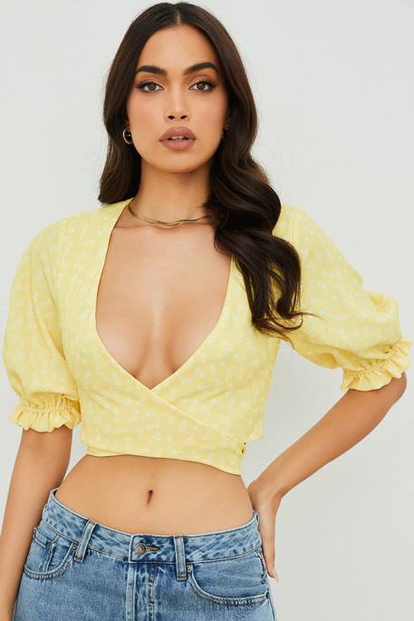 House of CB Alanya Lemon Floral Tie Front Top Clothing 4H6N744