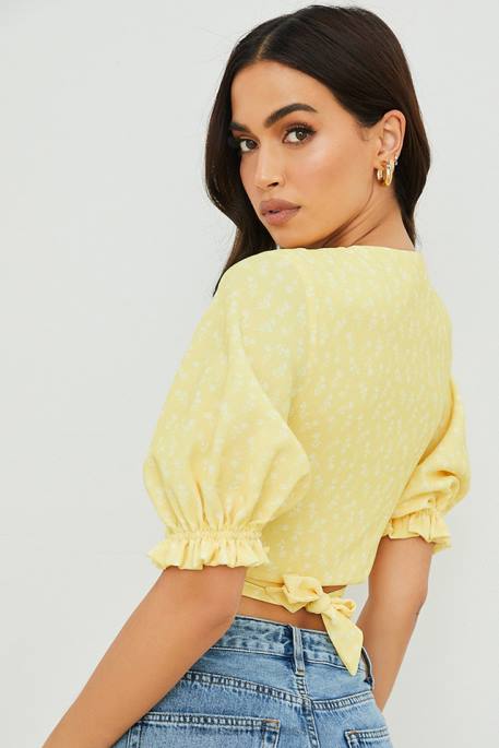 House of CB Alanya Lemon Floral Tie Front Top Clothing 4H6N744
