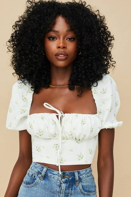 House of CB Arianna Ivory Floral Puff Sleeve Cropped Top Clothing 4H6N742