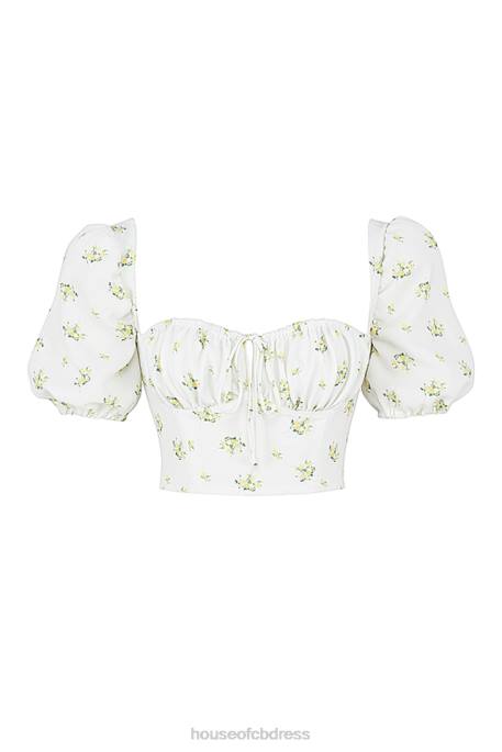 House of CB Arianna Ivory Floral Puff Sleeve Cropped Top Clothing 4H6N742