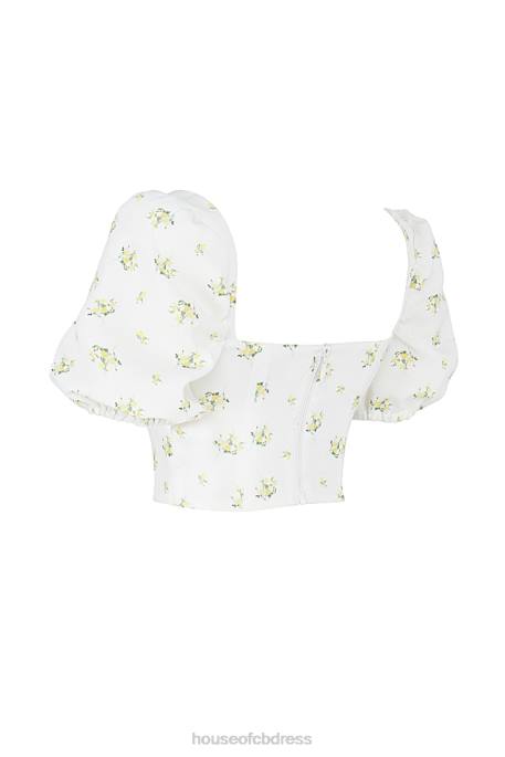 House of CB Arianna Ivory Floral Puff Sleeve Cropped Top Clothing 4H6N742