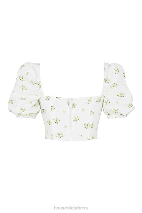 House of CB Arianna Ivory Floral Puff Sleeve Cropped Top Clothing 4H6N742
