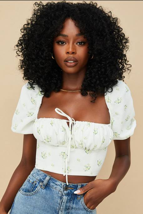 House of CB Arianna Ivory Floral Puff Sleeve Cropped Top Clothing 4H6N742
