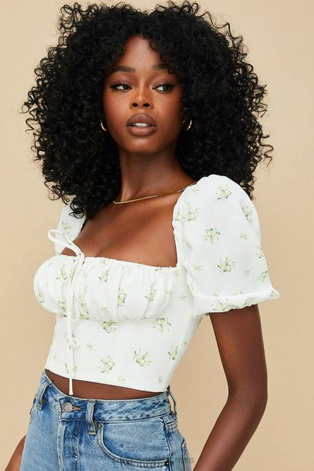House of CB Arianna Ivory Floral Puff Sleeve Cropped Top Clothing 4H6N742